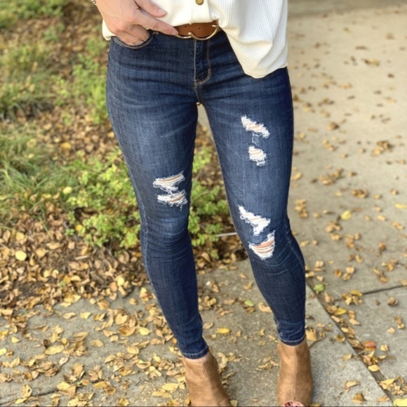 Denim - LAST PAIR! Dark Denim Distressed Skinny Jeans